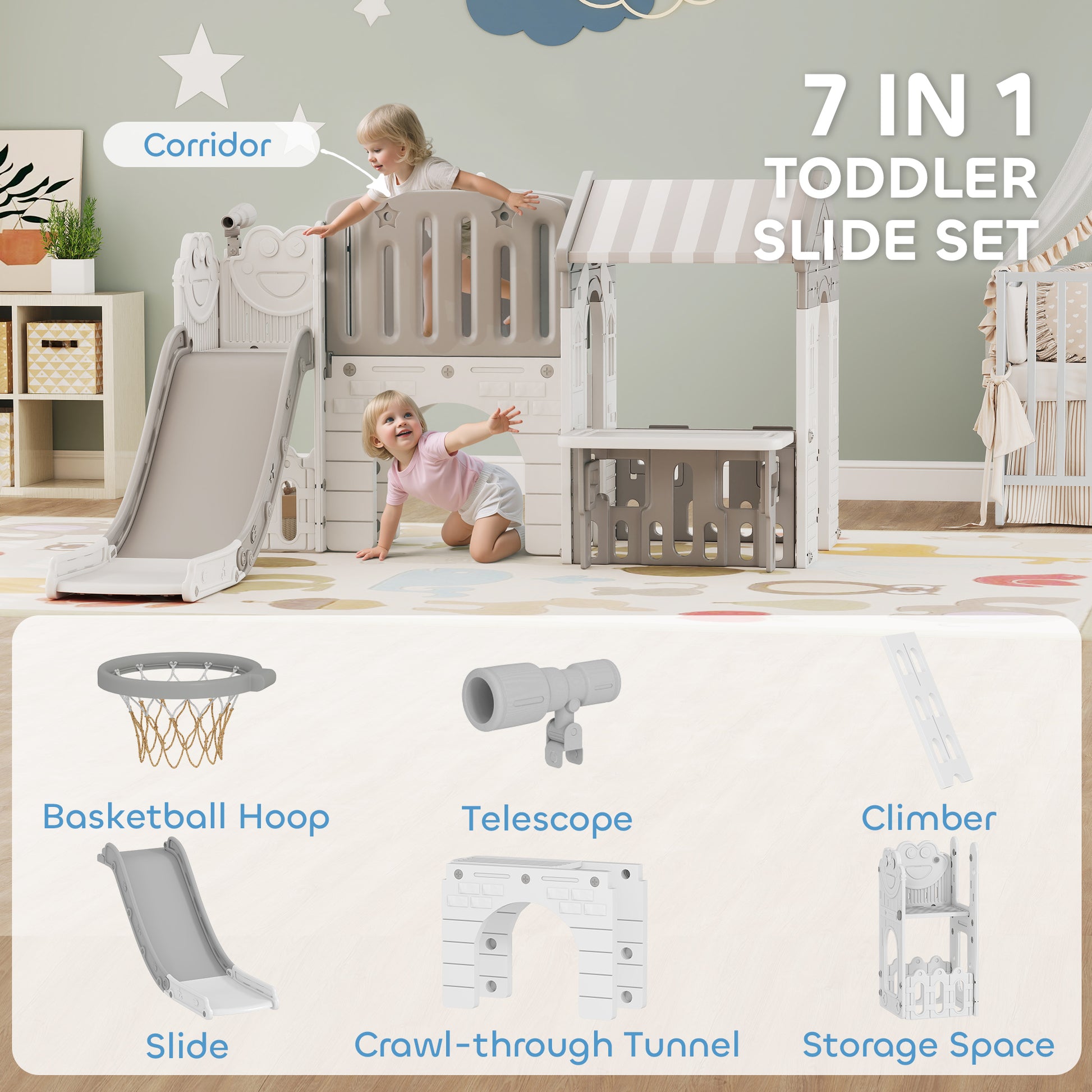 Qaba 7-in-1 Toddler Slide, Kids Slide Climber Playset with Playhouse and Basketball Hoop for 1-4 Years, Grey
