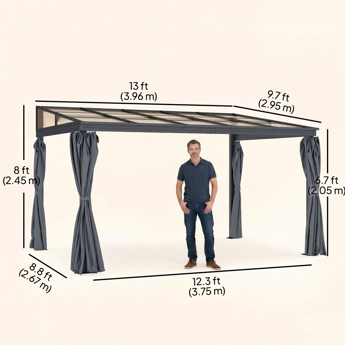 10' x 13' Outdoor Hardtop Pergola Gazebo with Polycarbonate Roof, UV Protection Sun Shelter with Curtains for Garden, Patio and Outdoor Events