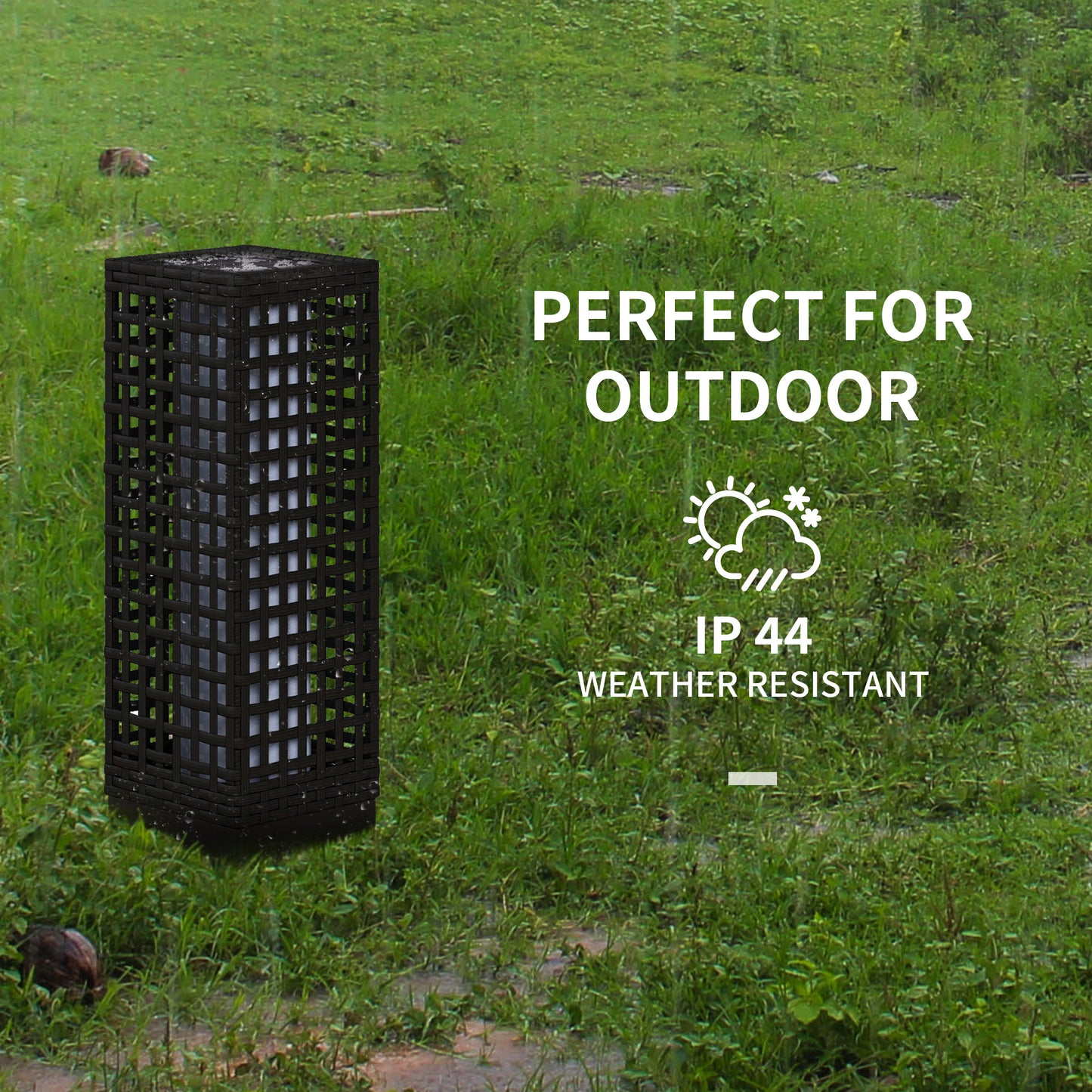 Wicker Solar Outdoor Lamp, Decorative Floor Lamp with Auto On/Off LED Lights, IP44 for Patio, Porch, Pathway, Black