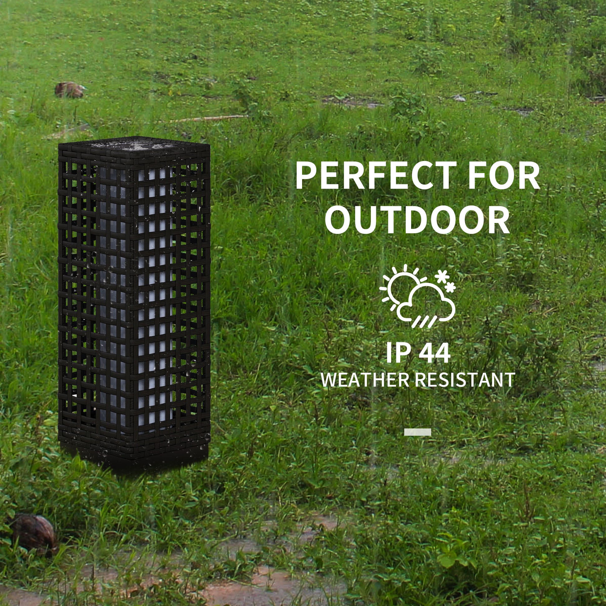 Wicker Solar Outdoor Lamp, Decorative Floor Lamp with Auto On/Off LED Lights, IP44 for Patio, Porch, Pathway, Black