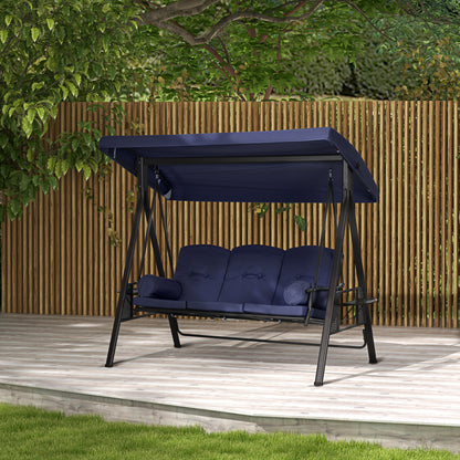 Outdoor Patio 3-Person Steel Canopy Cushioned Seat Bench Swing with Included Side Trays & Padded Comfort, Dark Blue