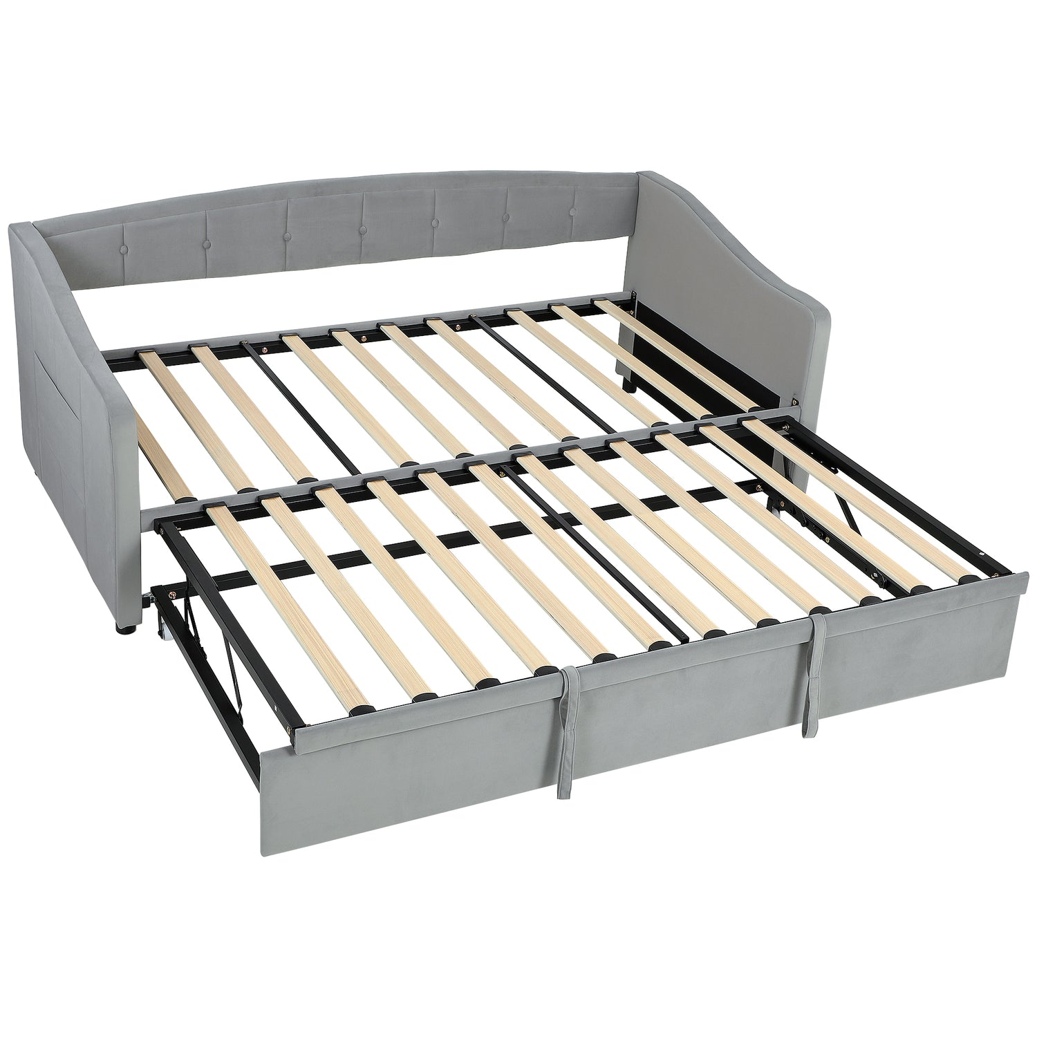 Upholstered Twin Size Trundle Bed, Velvet Twin to King Day Bed with Pop Up Trundle, Headboard and 2 Pockets, Light Grey