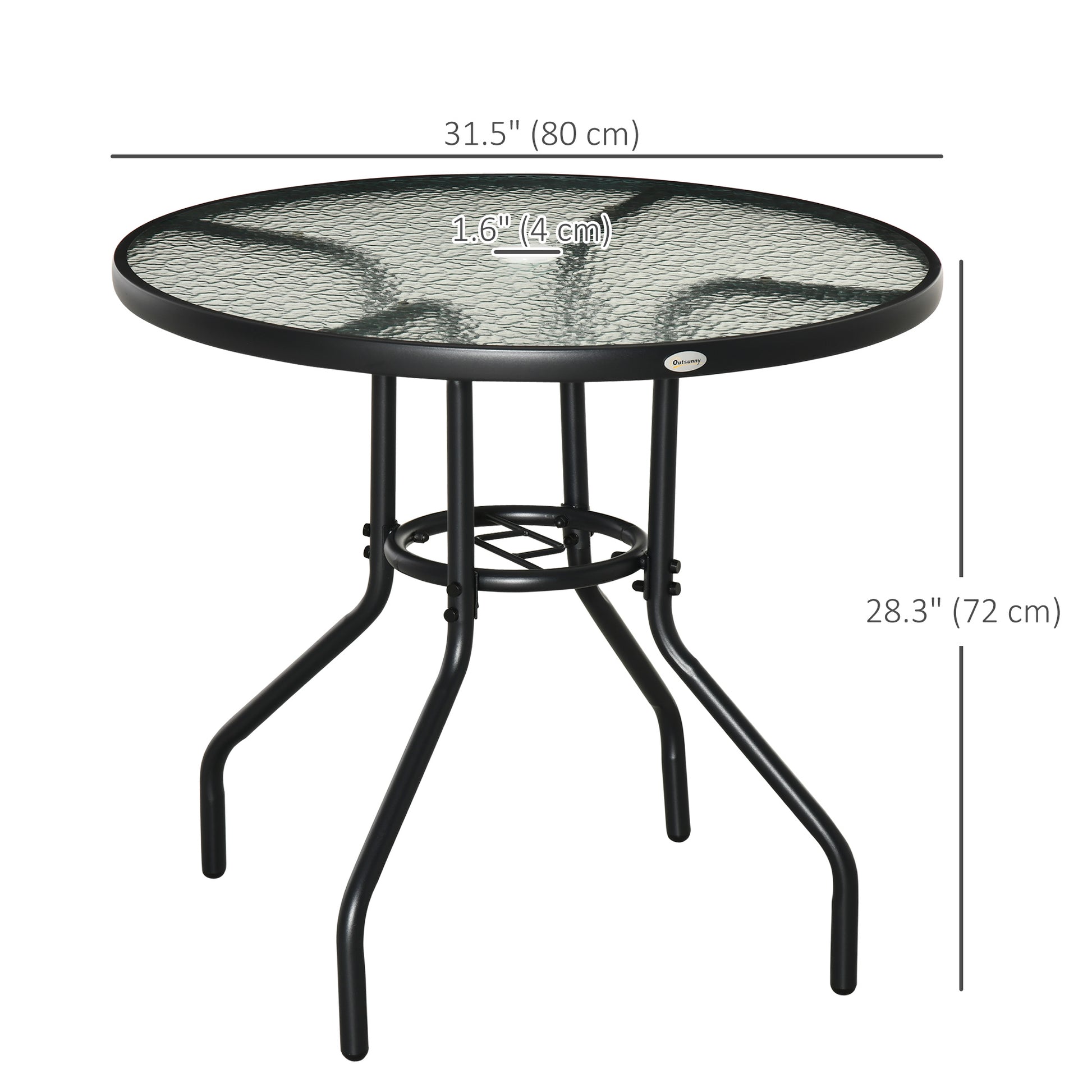 31.5" Round Outdoor Dining Table Coffee Side Bistro Table with Umbrella Hole, Glass Top, Steel Frame for Garden, Patio