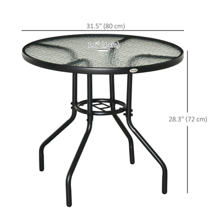31.5" Round Outdoor Dining Table Coffee Side Bistro Table with Umbrella Hole, Glass Top, Steel Frame for Garden, Patio