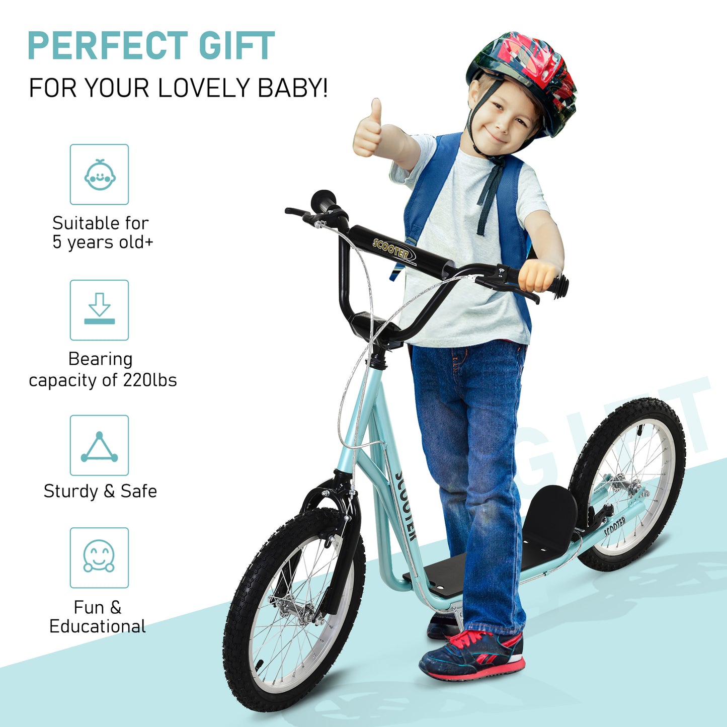 Aosom Kids Kick Scooter for 5+ Year Old, Kids Ride on Toy w/ 16'' Inflatable Wheel Dual Brakes, Blue