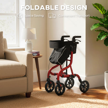 Foldable Rollator Walker with Seat for Seniors, Lightweight Rolling Walker with Adjustable Handles, Red
