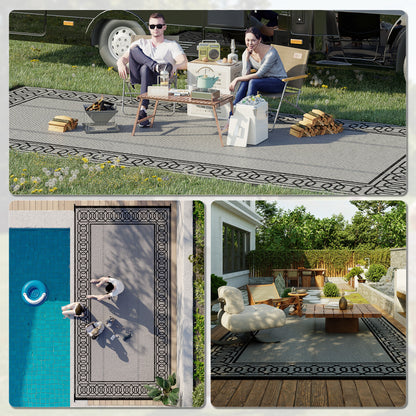 Portable Outdoor Rug with Carrying Bag, 9' x 18' Reversible Mat, Waterproof Plastic Straw RV Rug, Black and Grey