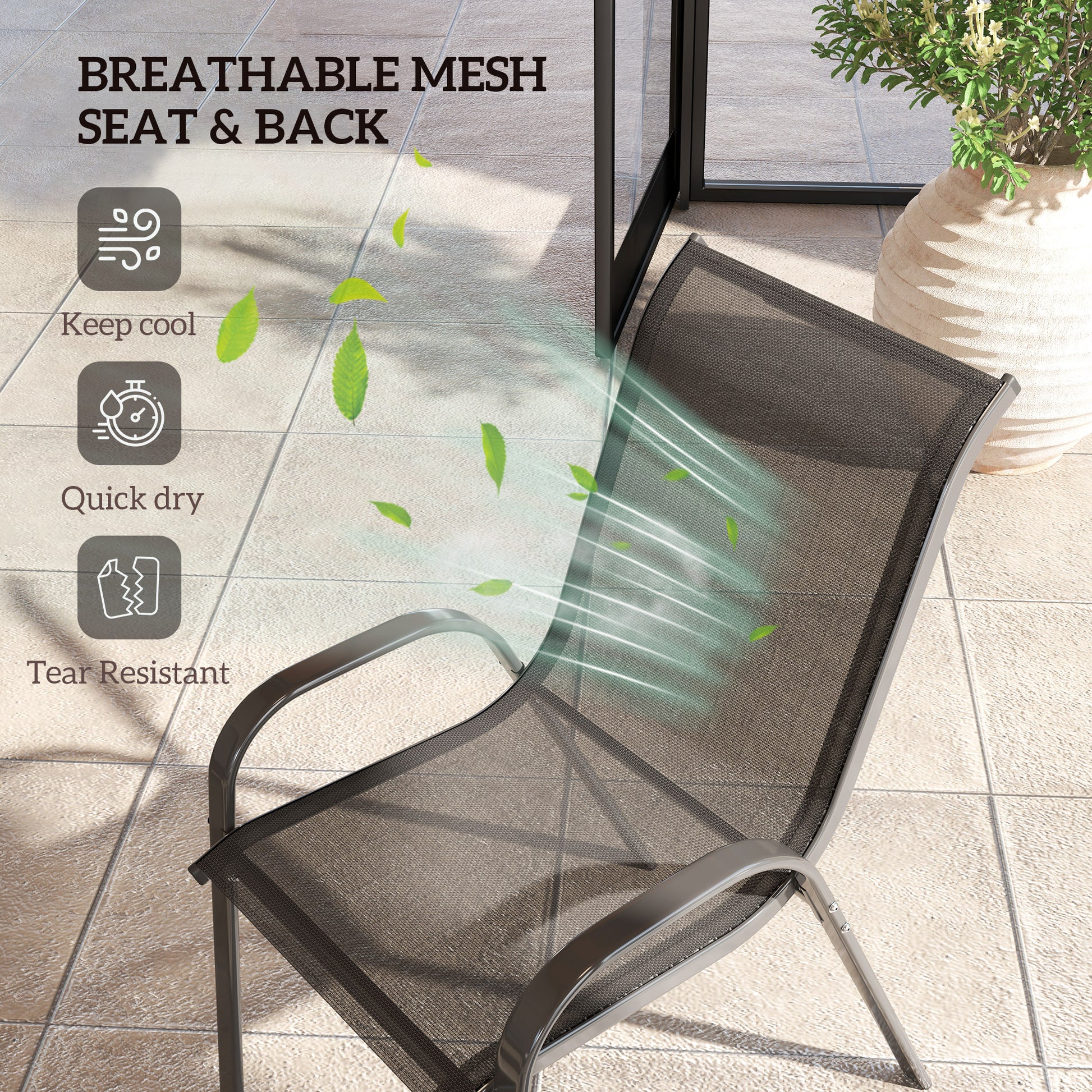 Set of 4 Outdoor Dining Chairs, Stackable Lawn Chairs with High Back, Breathable Mesh Seat for Garden Porch, Black