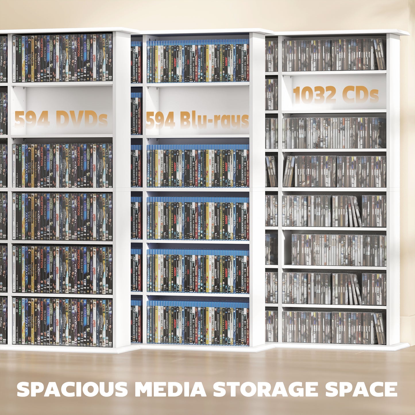 Media Storage Cabinet, 8-Tier DVD Shelf with 18 Adjustable Shelves, Holds 1032 CDs, 594 DVDs or Blu-rays, White
