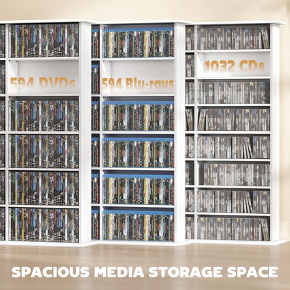 Media Storage Cabinet, 8-Tier DVD Shelf with 18 Adjustable Shelves, Holds 1032 CDs, 594 DVDs or Blu-rays, White