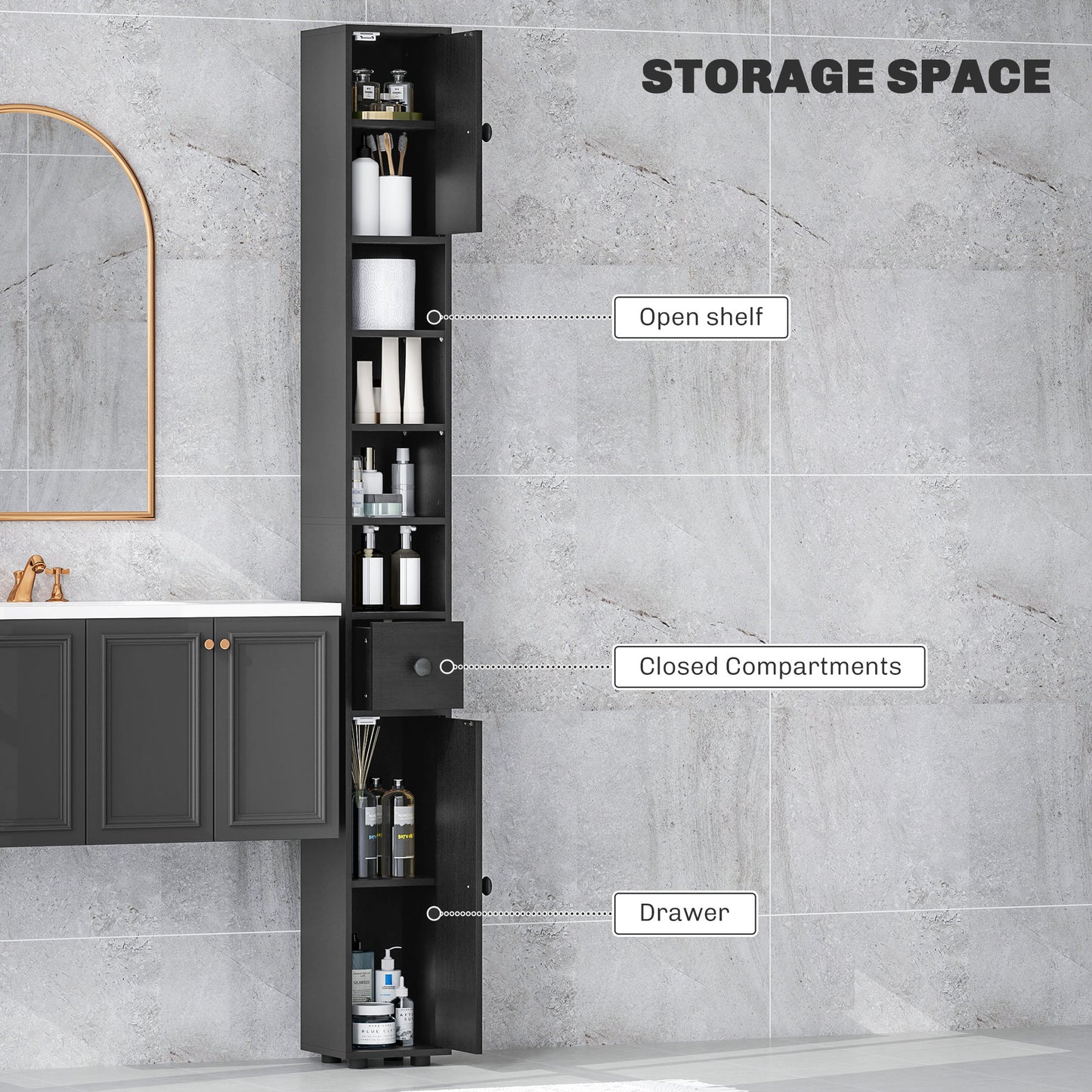 71" Tall Bathroom Cabinet, Narrow Toilet Paper Cabinet with Open Shelves, 2 Door Cabinets, Adjustable Shelves, Black