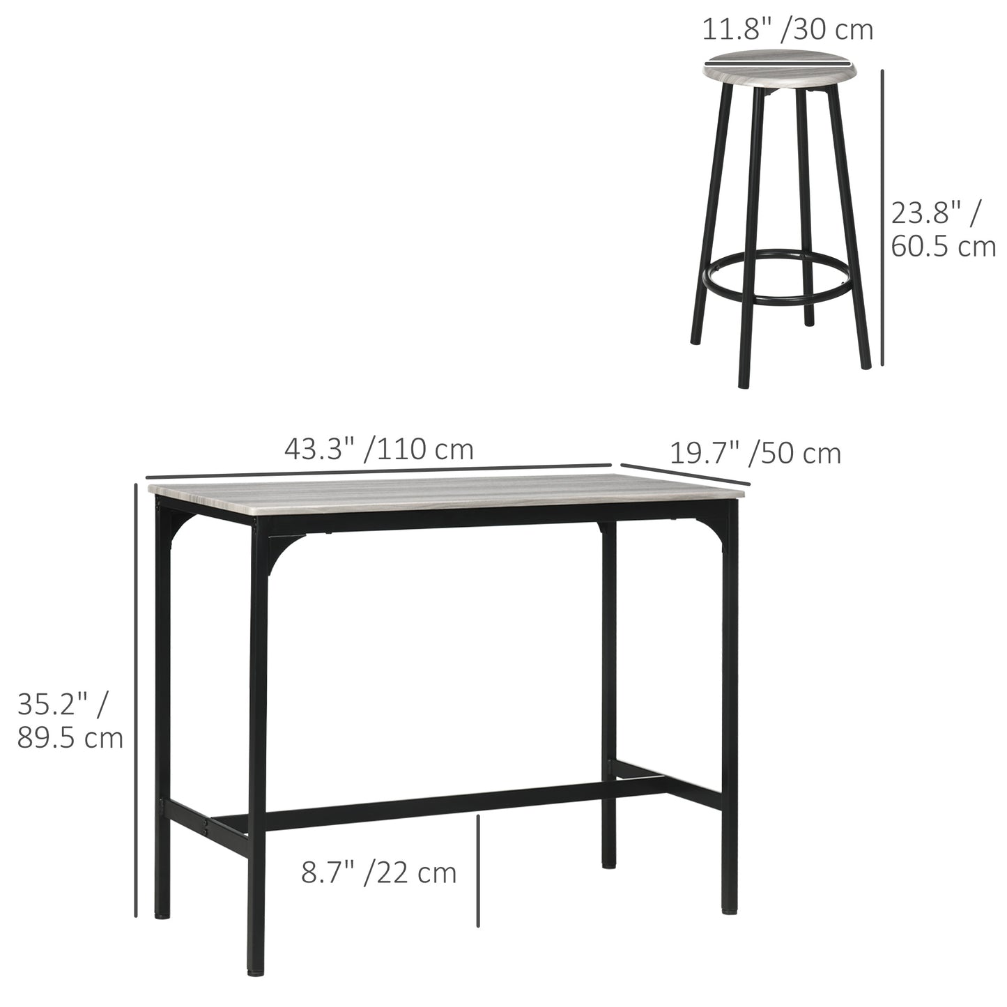 5-Piece Bar Table Set for 4, Industrial Counter Height Bar Table and Chairs for Kitchen, Dining Room, Grey