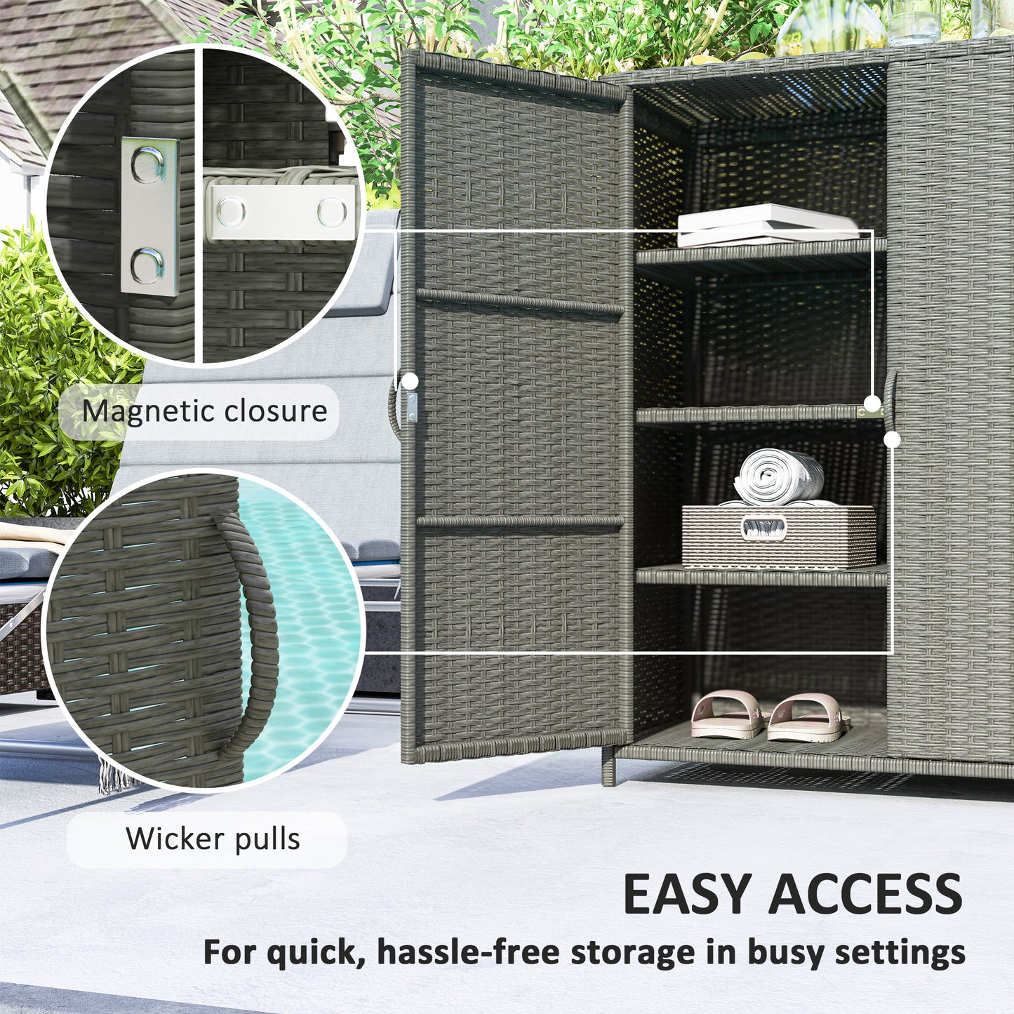 Wicker Outdoor Storage Cabinet, Pool Storage Organizer with 4 Shelves and 2 Doors for Garden, Backyard, Dark Grey