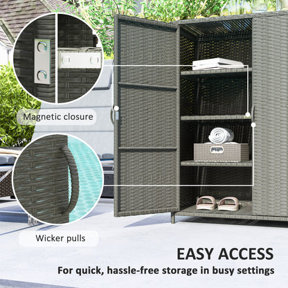 Wicker Outdoor Storage Cabinet, Pool Storage Organizer with 4 Shelves and 2 Doors for Garden, Backyard, Dark Grey