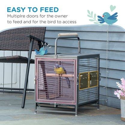 Bird Travel Carrier Cage, Portable Metal Bird Cage for Parrots Conures Cockatiel Parakeets with Stand Perch, Stainless Steel Bowls, Pull Out Tray, 19" x 15" x 26", Black