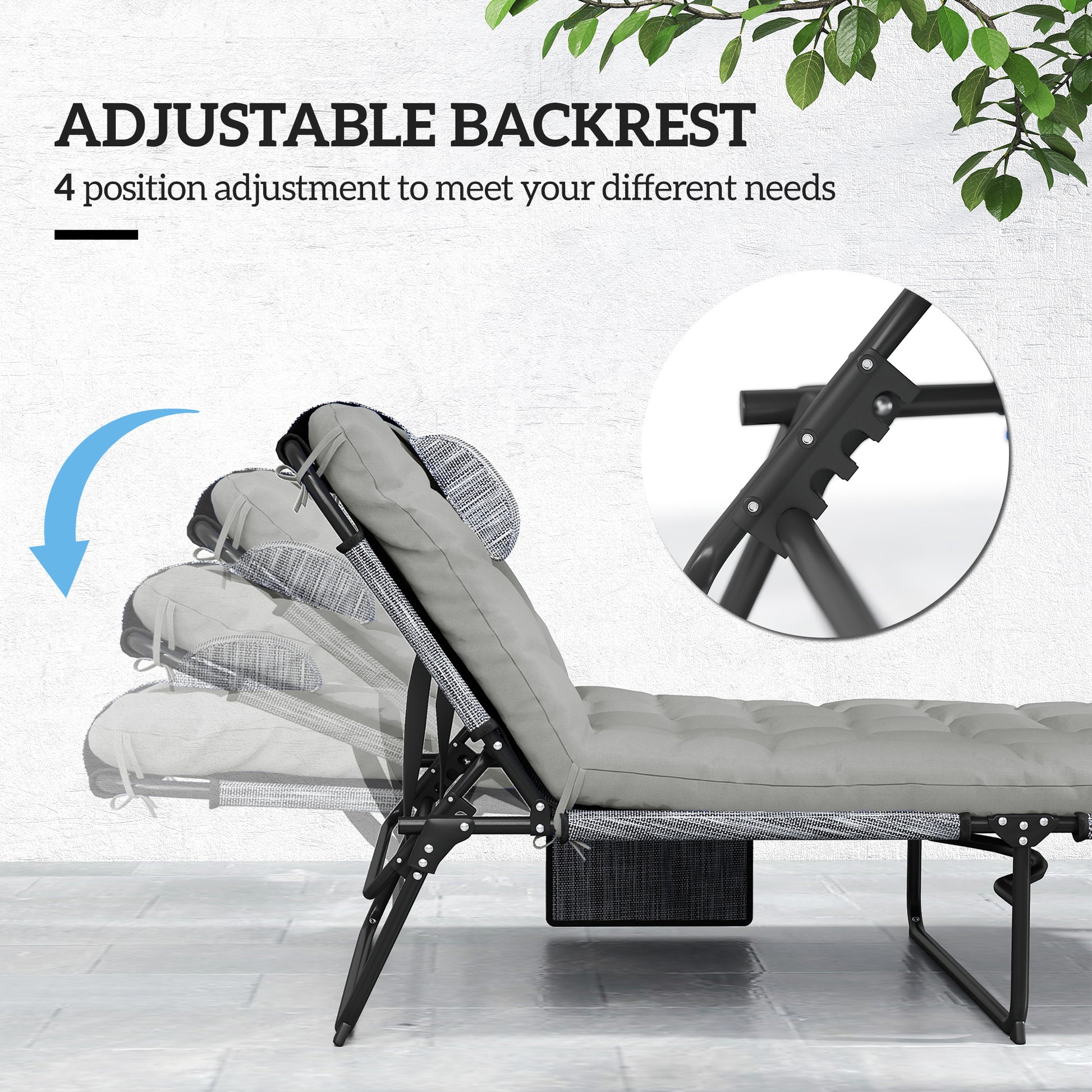 Folding Lounge Chair with 4-level Reclining Back & Cushion, Grey