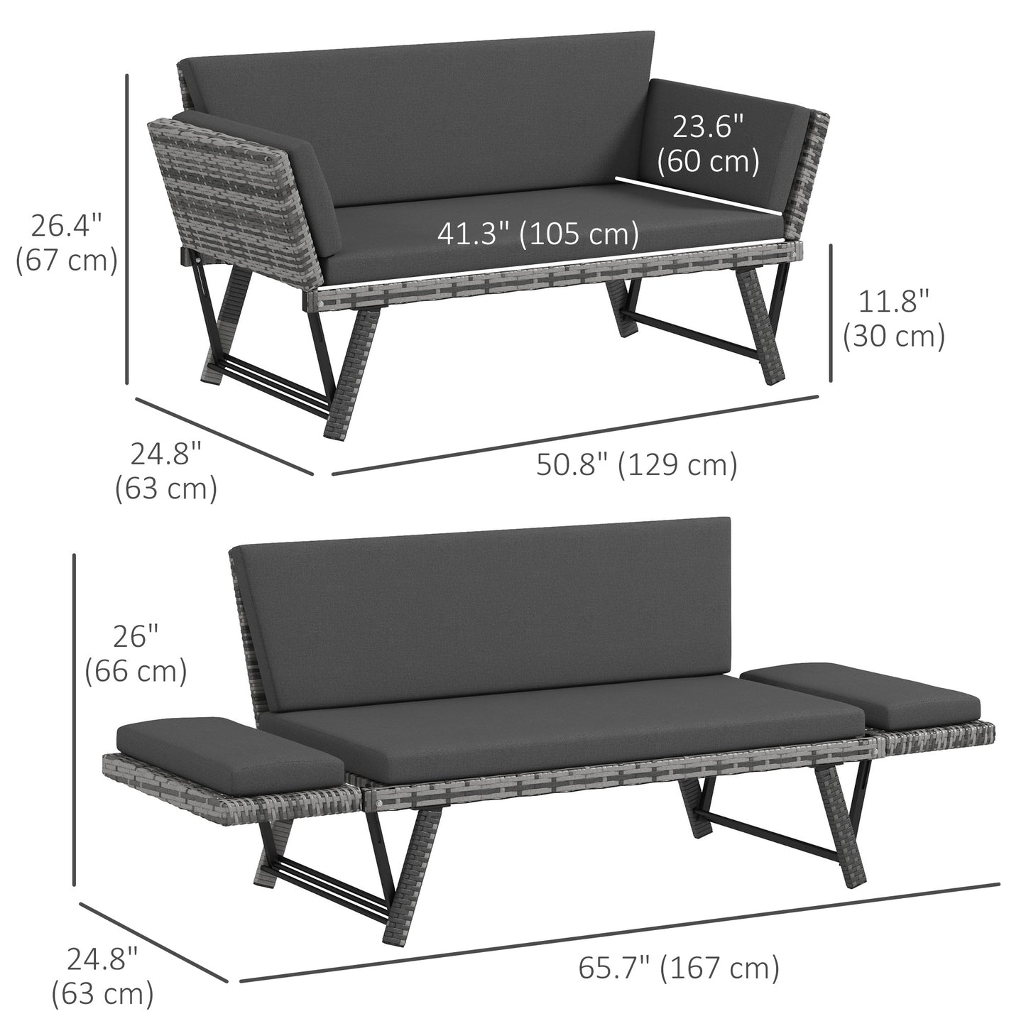 Convertible Wicker Loveseat Grey Patio Chaise Lounge