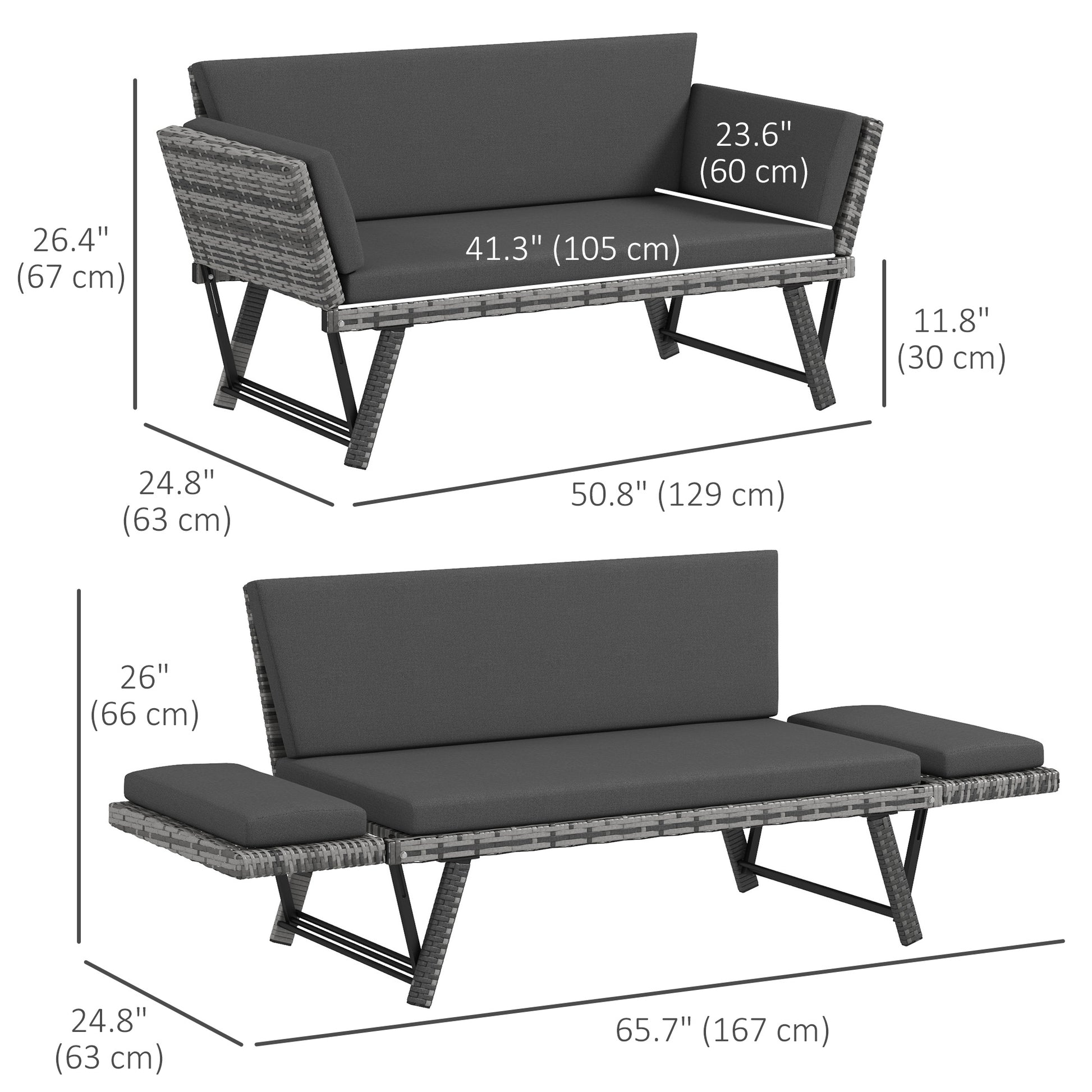 Convertible Wicker Loveseat Grey Patio Chaise Lounge