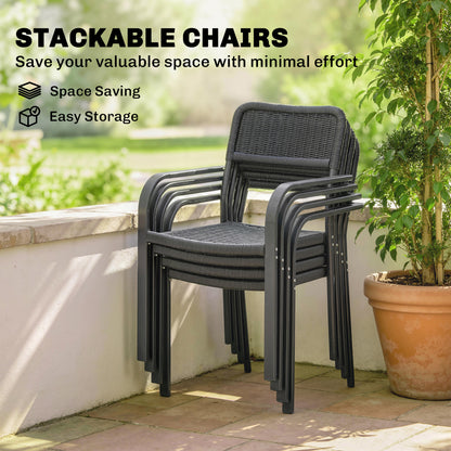 Outdoor Dining Set for 4, Faux Wood Metal Patio Table and Stackable Chairs with Plastic Rattan Effect Seat, Black