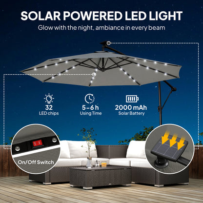 9.7 ft Cantilever Patio Umbrella with Solar Light, Garden Hanging Parasol with Cover, Tilt, Crank, Grey