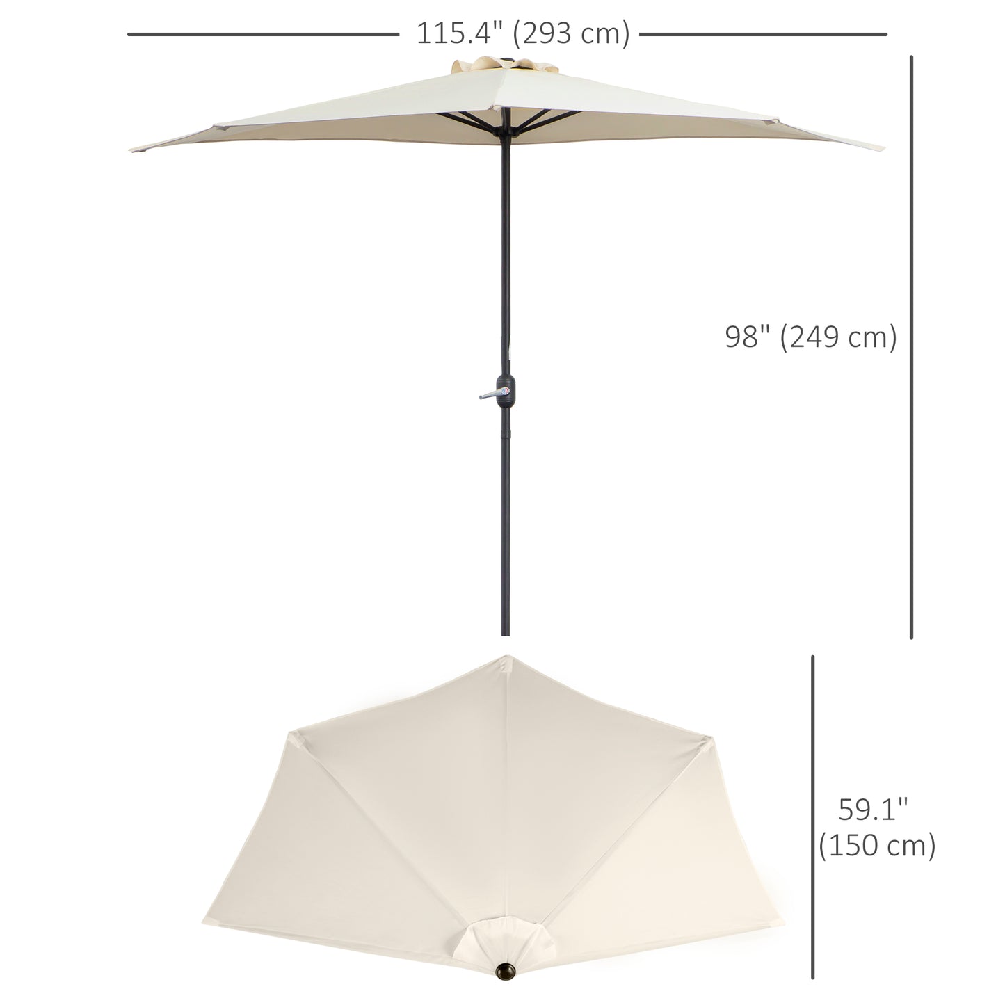 9.8ft Half Umbrella Semi Round Patio Parasol with Crank Handle, Top Vent for Garden, Balcony- NO BASE INCLUDED, Cream