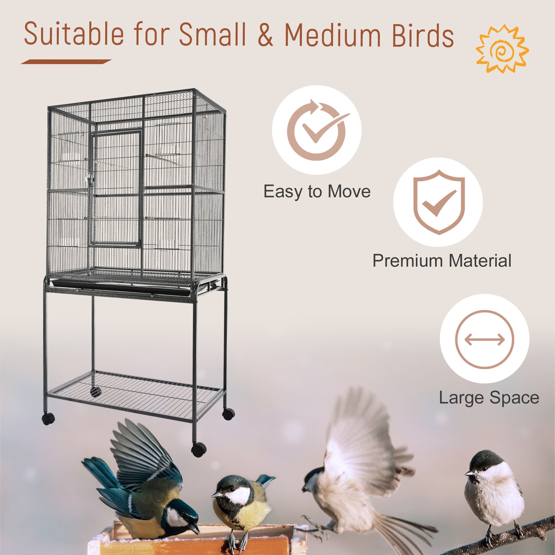 30'' Large Rolling Metal Bird Cage Bird House with Detachable Rolling Stand, Storage Shelf, Wood Perch Food Container - Black