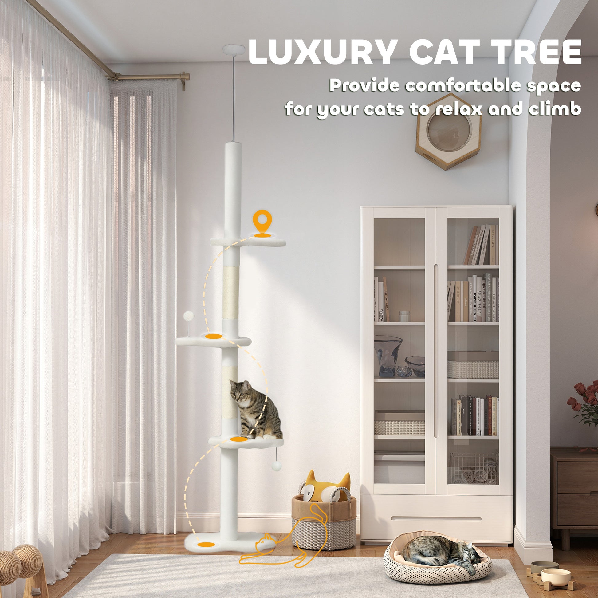 88.5"-100.5" Floor to Ceiling Cat Tree, Cat Tower with Scratching Posts, Cloud Shaped Platforms, Dangling Balls, Cream