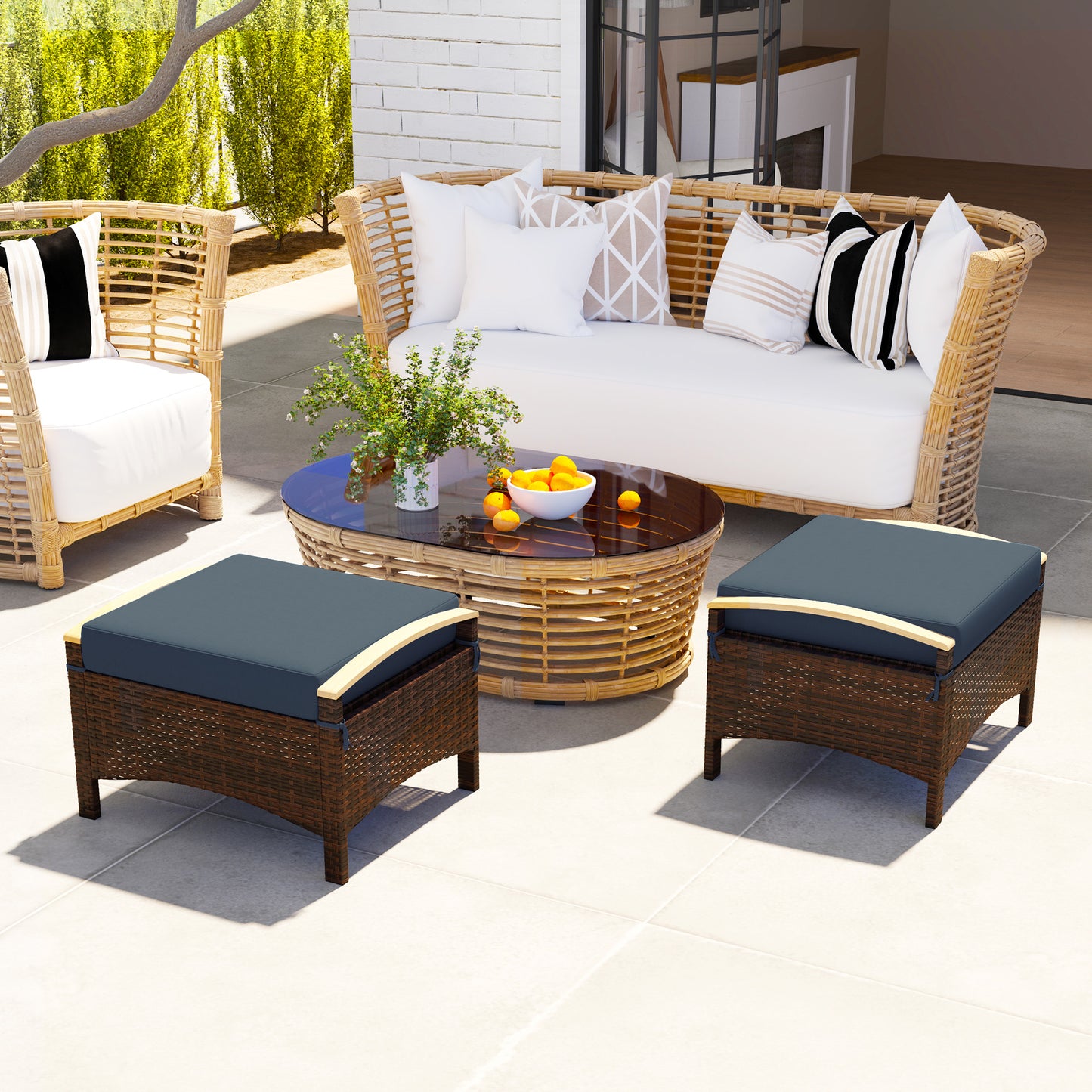 2 Pieces Wicker Outdoor Ottoman with Removable Cushion, Rattan Outdoor Footstool, Footrest and Side Table, Blue
