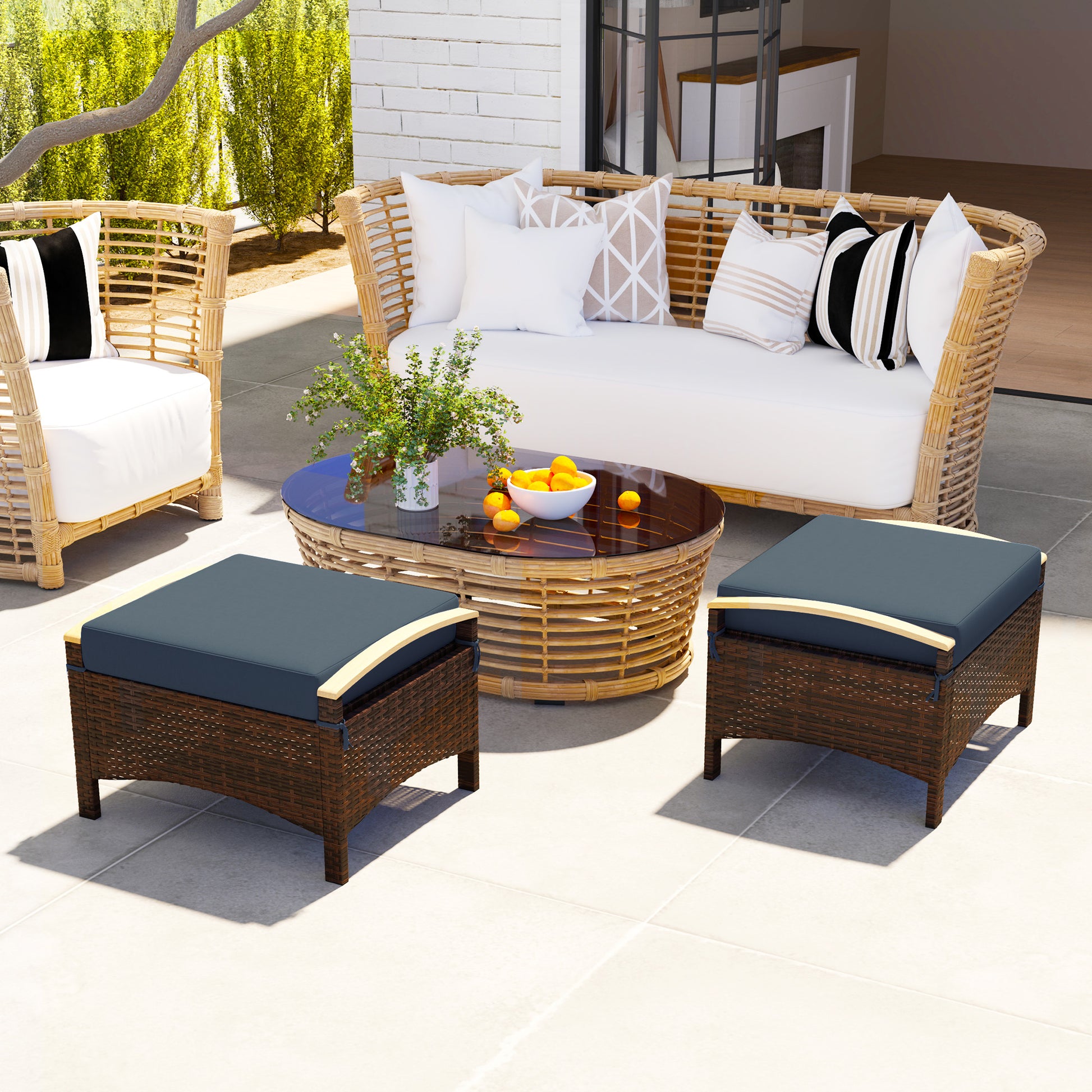 2 Pieces Wicker Outdoor Ottoman with Removable Cushion, Rattan Outdoor Footstool, Footrest and Side Table, Blue
