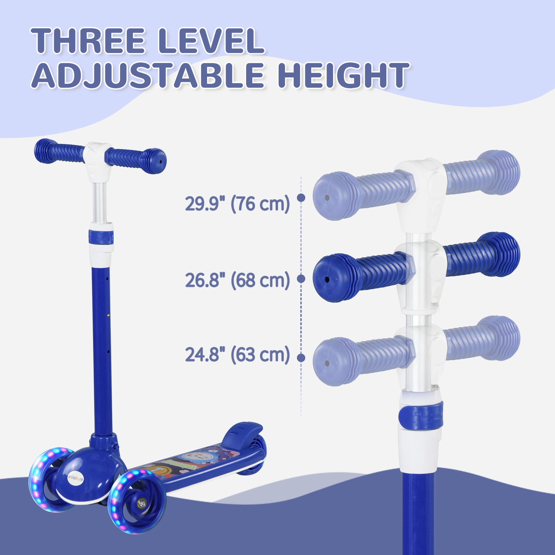 Qaba 3 Wheel Kids Scooter, Toddler Kick Scooter with Adjustable Height, Rear-Fender Brake, LED Light, TPE Handlebar, Blue