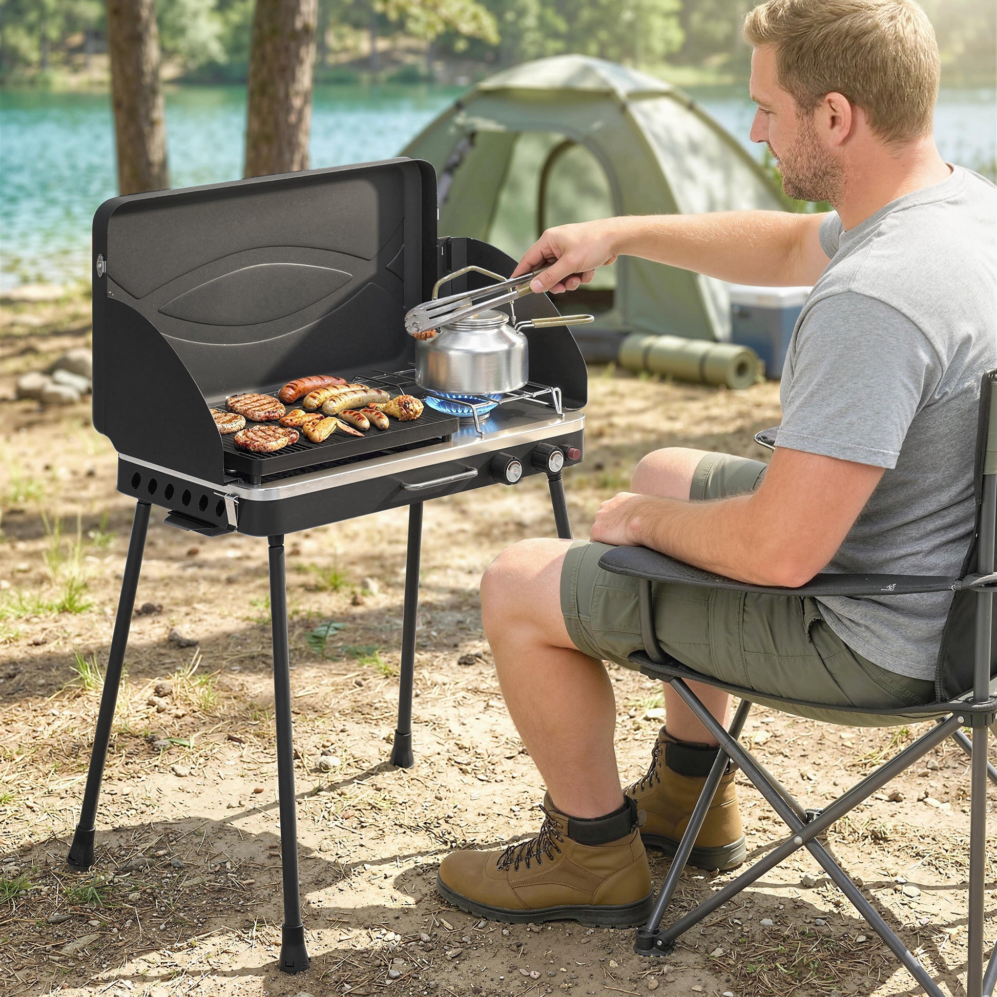2-in-1 Camping Stove & Gas Griddle Combo, 20,000 BTU Portable Propane Grill with Detachable Legs, Wind Guards, Black