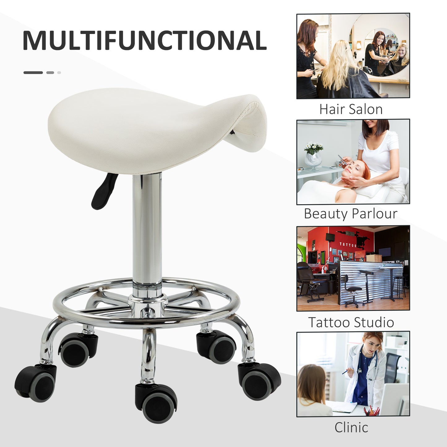 Saddle Stool, PU Leather Adjustable Rolling Salon Chair for Massage, Spa, Clinic, Beauty and Tattoo, White