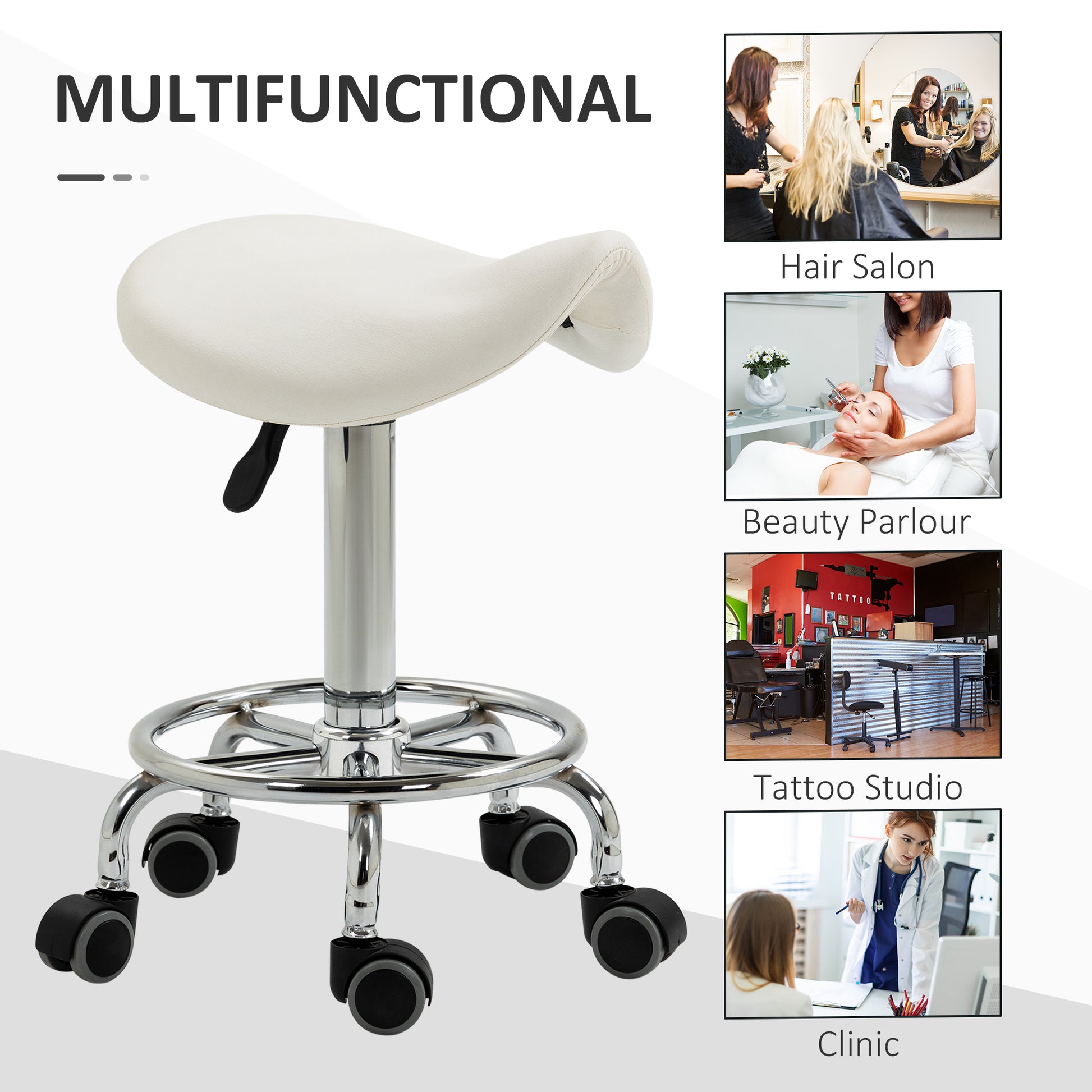 Saddle Stool, PU Leather Adjustable Rolling Salon Chair for Massage, Spa, Clinic, Beauty and Tattoo, White