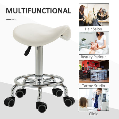 Saddle Stool, PU Leather Adjustable Rolling Salon Chair for Massage, Spa, Clinic, Beauty and Tattoo, White