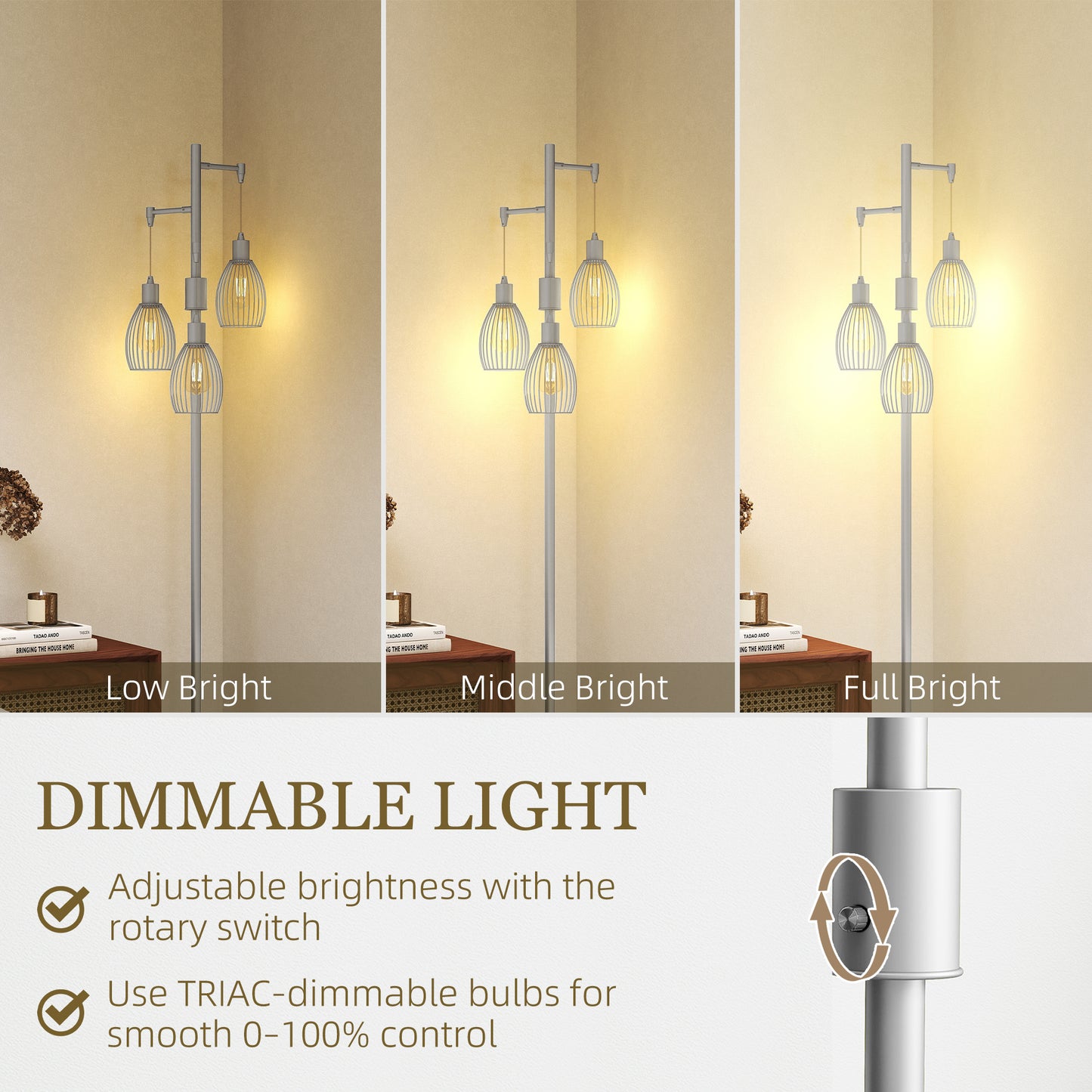 Industrial Floor Lamp with 3 Hanging Wire Lampshades, Dimmable Standing Lamp for Living Room, Silver