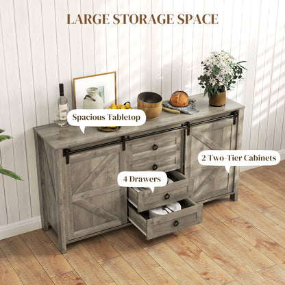 60" Buffet Cabinet, Farmhouse Sideboard with Sliding Barn Doors, Drawers and Adjustable Shelves, Distressed Light Grey