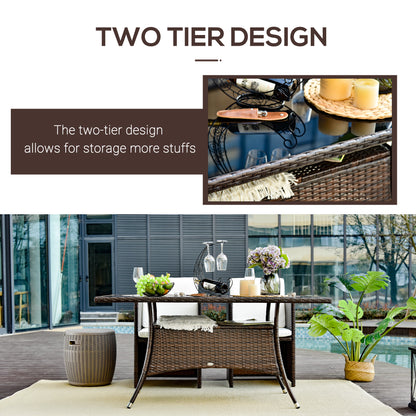 Garden Dining Table, Patio Rattan Dining Table with Glass Top, Storage Shelf for Yard, 59" x 34" x 29", Brown