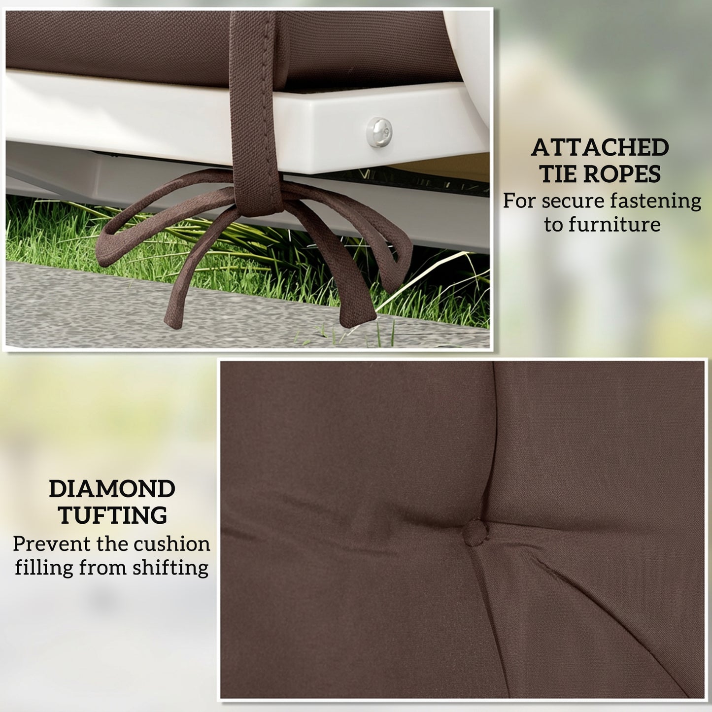 Garden Bench Cushion with Backrest, Non-Slip 2 Seater Soft Pad with Ties, Coffee