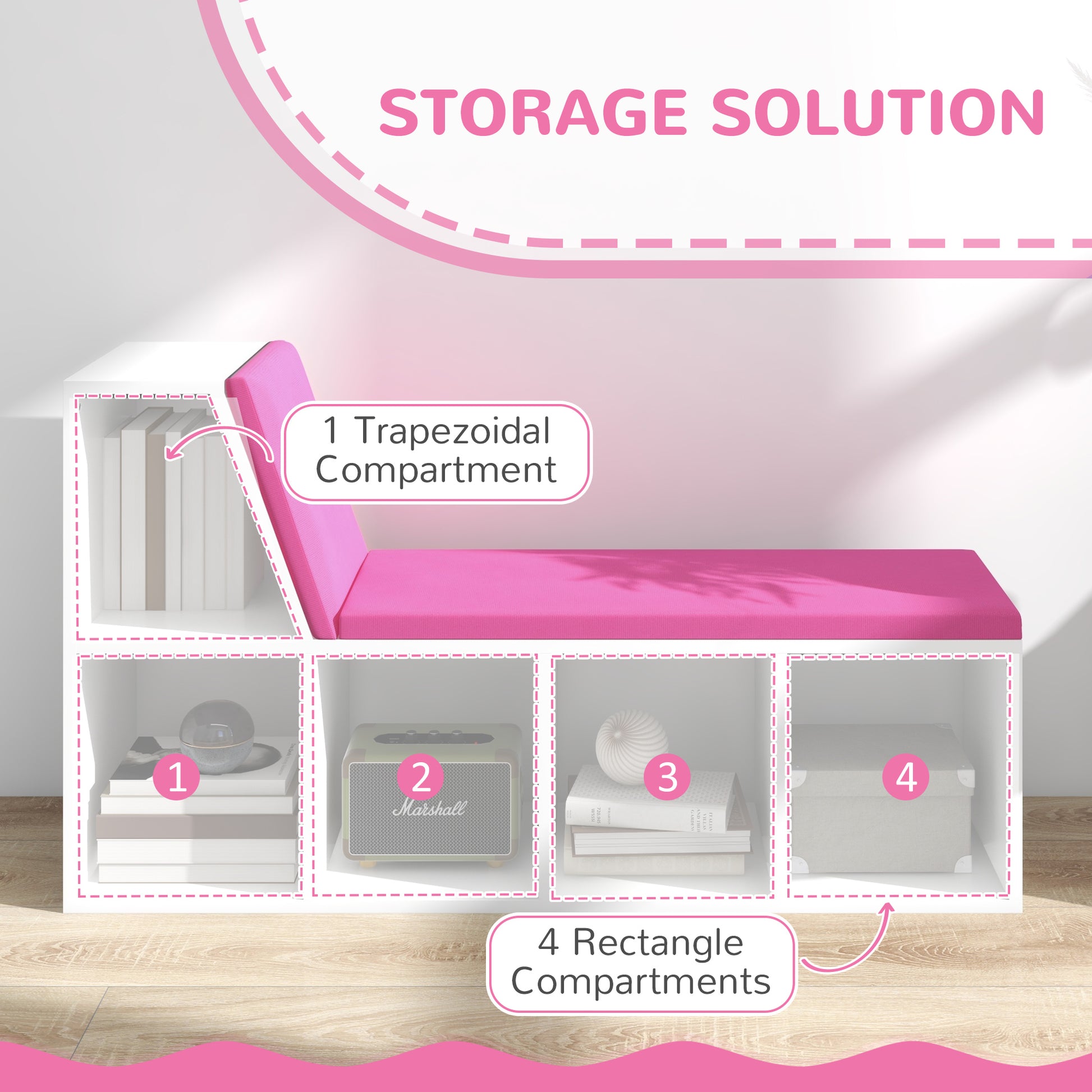 Multi-Purpose Bookshelf with 5 Cubes, 5-Cubby Bookcase with Cushioned Reading Nook and Storage Shelves, Pink