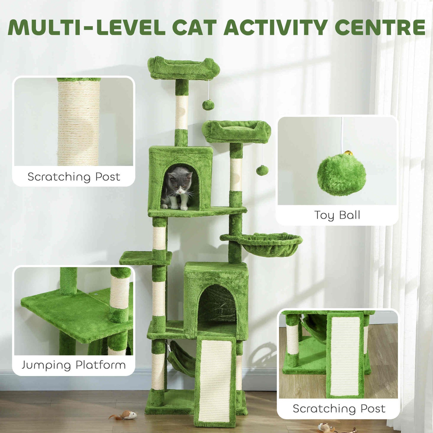 Cat Tree, 70" Multi-Level Cat Tower with 2 Condos, 2 Perches, Hammock, Toy Balls, Scratching Posts and Board, Green