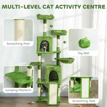 Cat Tree, 70" Multi-Level Cat Tower with 2 Condos, 2 Perches, Hammock, Toy Balls, Scratching Posts and Board, Green