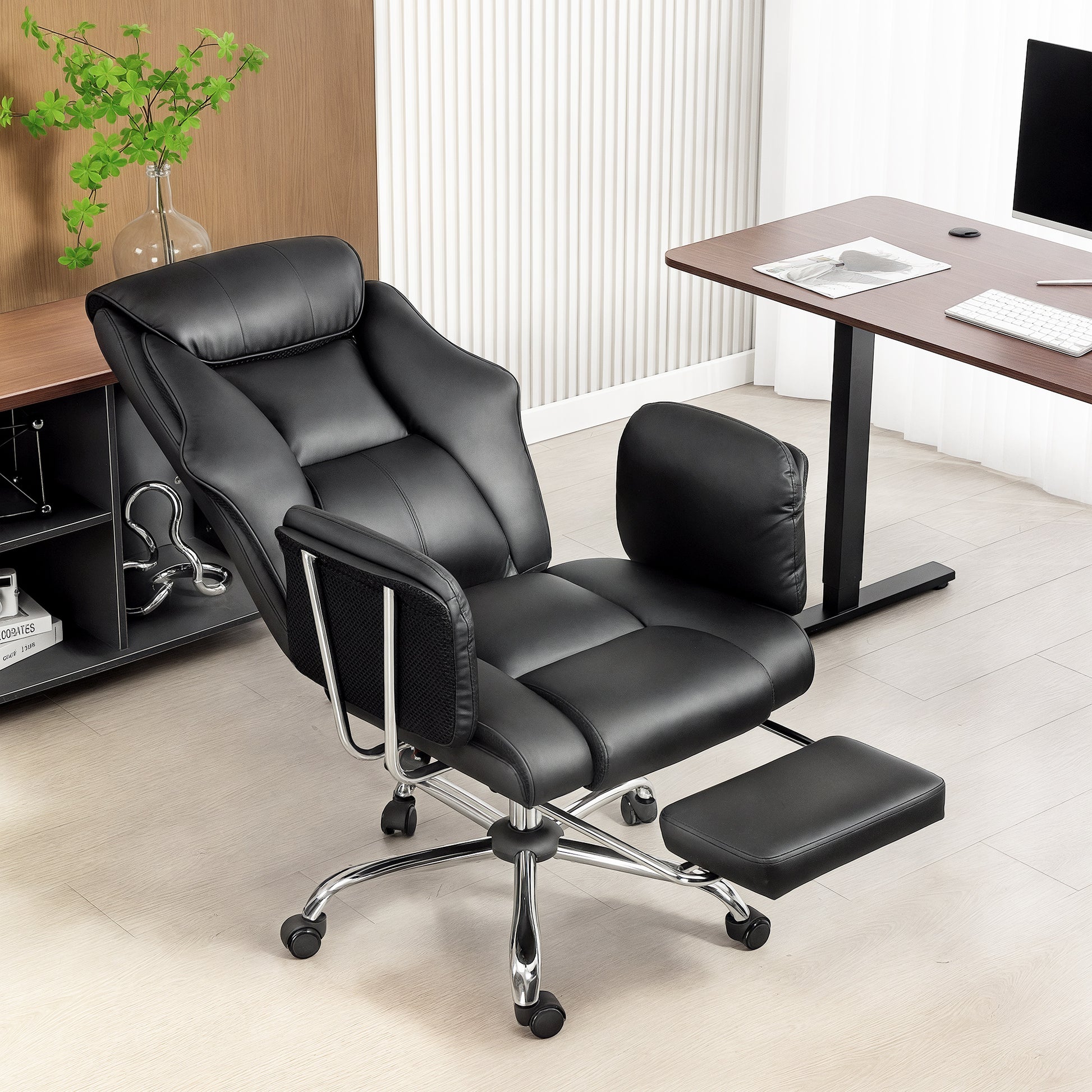 Reclining Office Chair, Overstuffed Executive Desk Chair with High Back, PU Leather, Footrest, Swivel Wheels, Black