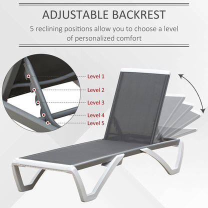 Outdoor Chaise Lounge Chair, Patio Aluminum Tanning Chair with 5-Level Adjustable Back, Portable Wheels, Breathable Mesh Fabric, for Pool, Deck, Garden, Grey