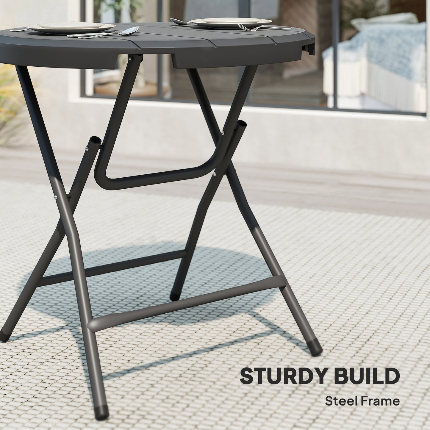 Foldable Round Patio Table for 4, Outdoor Dining Table with HDPE Tabletop and Steel Frame, Dark Grey