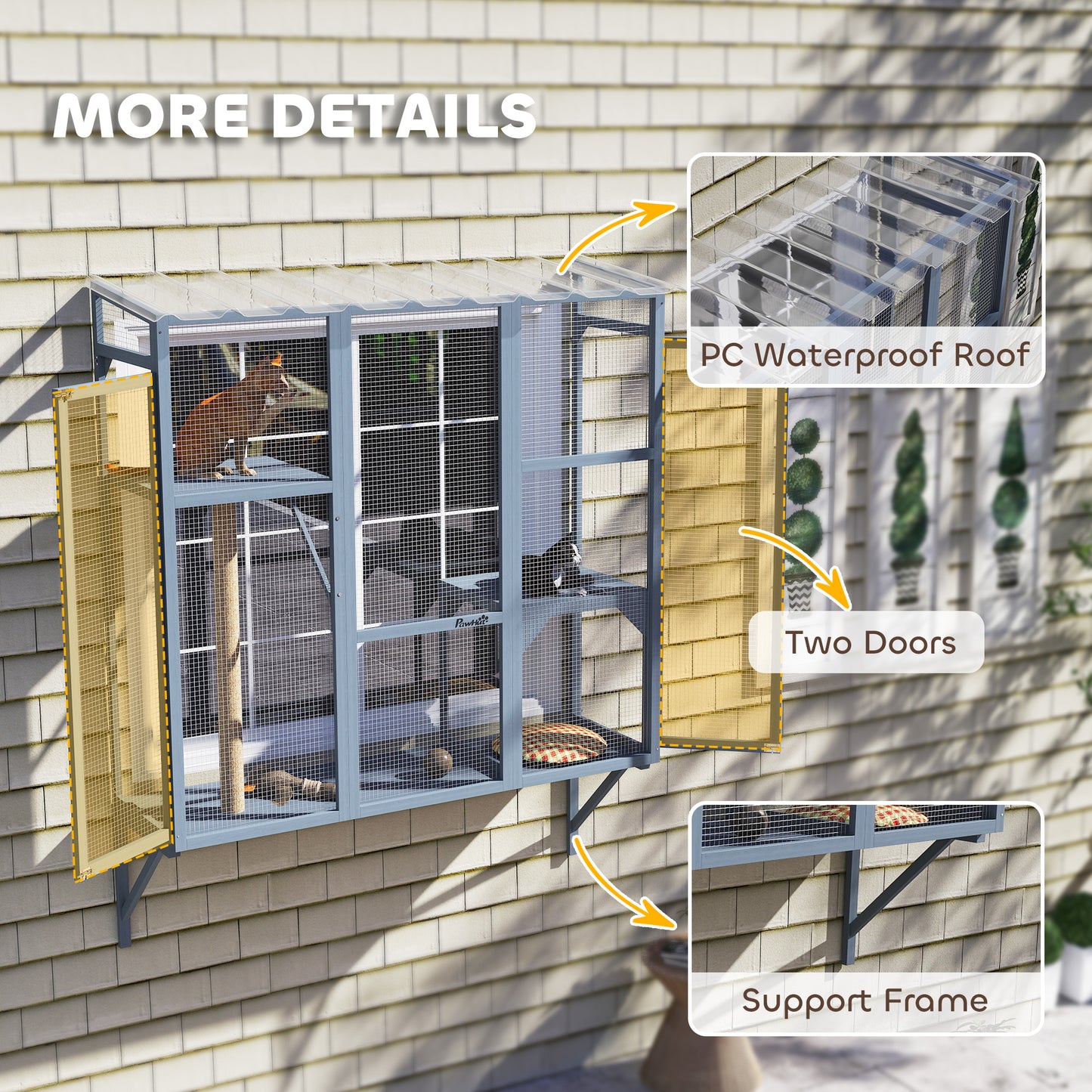 Wooden Catio Outdoor, Cat Window Box Enclosure for 2-3 Large Cats with 2 Jumping Platforms & Scratching Post, Grey