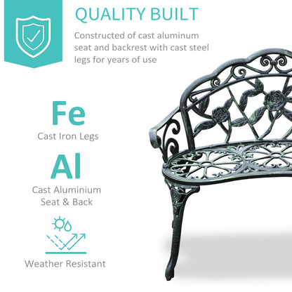 40" Outdoor Garden Bench, Cast Aluminum Antique Rose Style Patio Garden Park Loveseat Bench for Backyard, Porch, Balcony, Lawn, Green