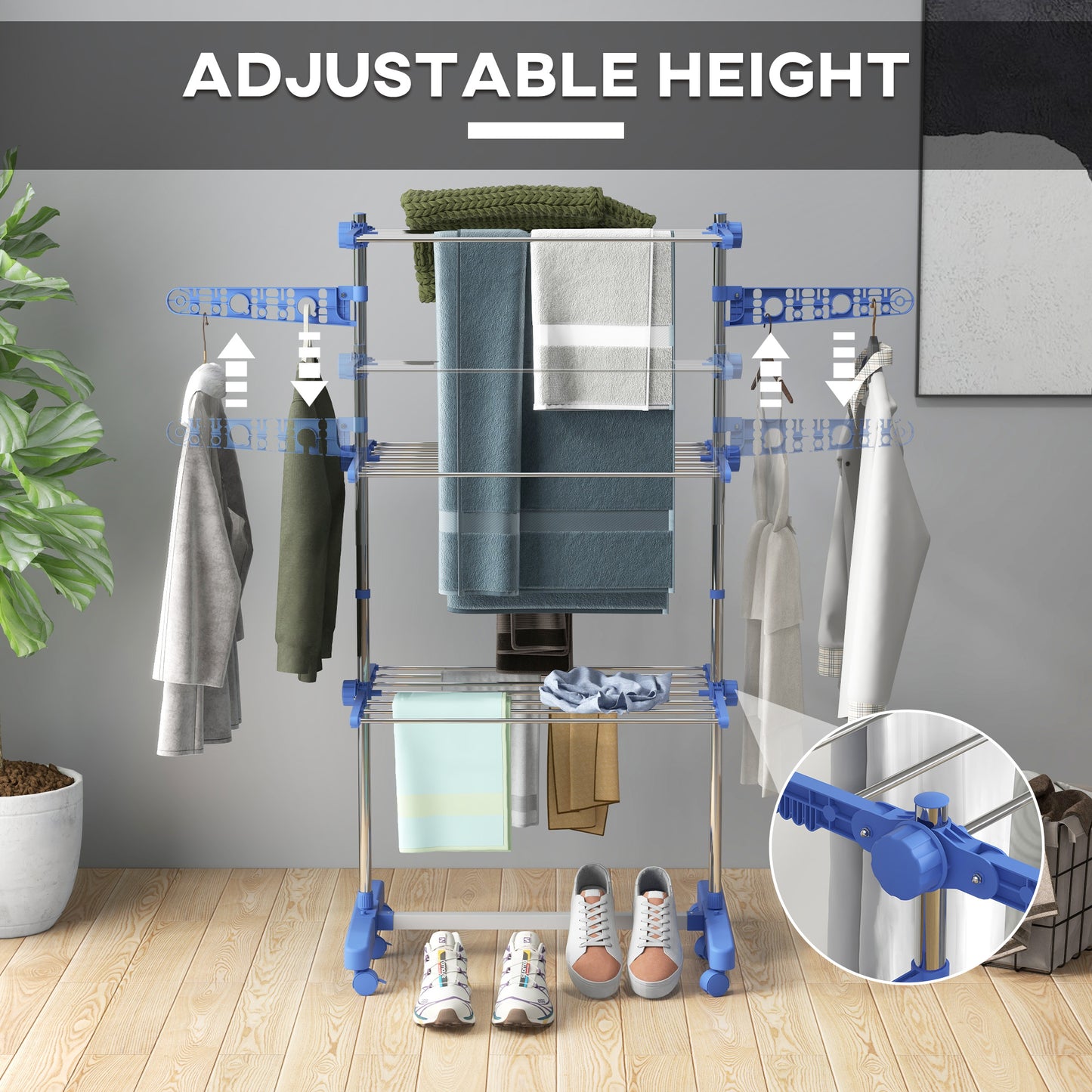 3-Tier Foldable Clothes Drying Rack, Stainless Steel Laundry Rack with 2 Side Wings and 6 Castors, Collapsible Adjustable Clothes Airer for Indoor Outdoor, Blue