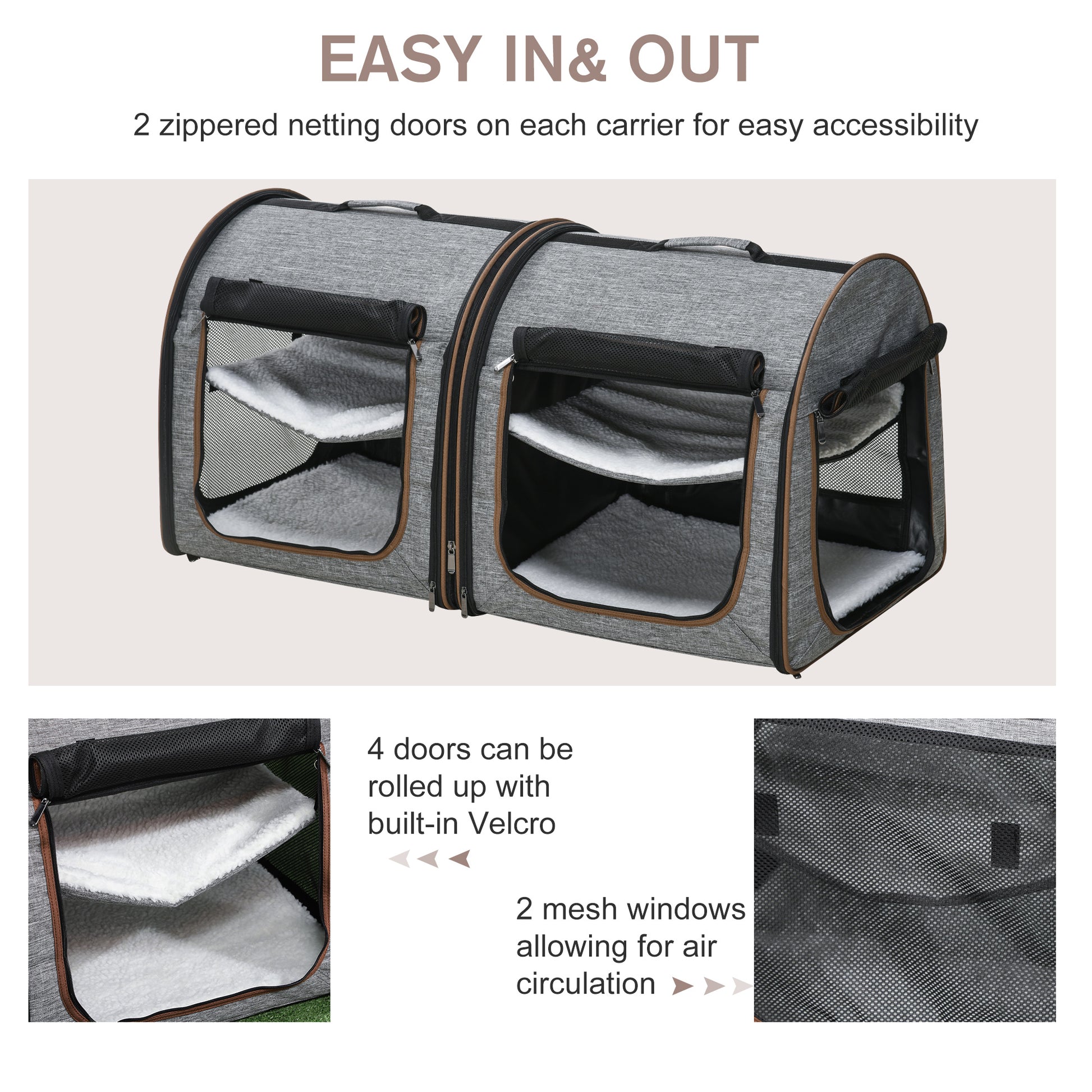 39" Travel Pet Carrier, Portable Soft-Sided Cat Carrier with Divider, Two Compartments, Cushions, & Storage Bag, Grey