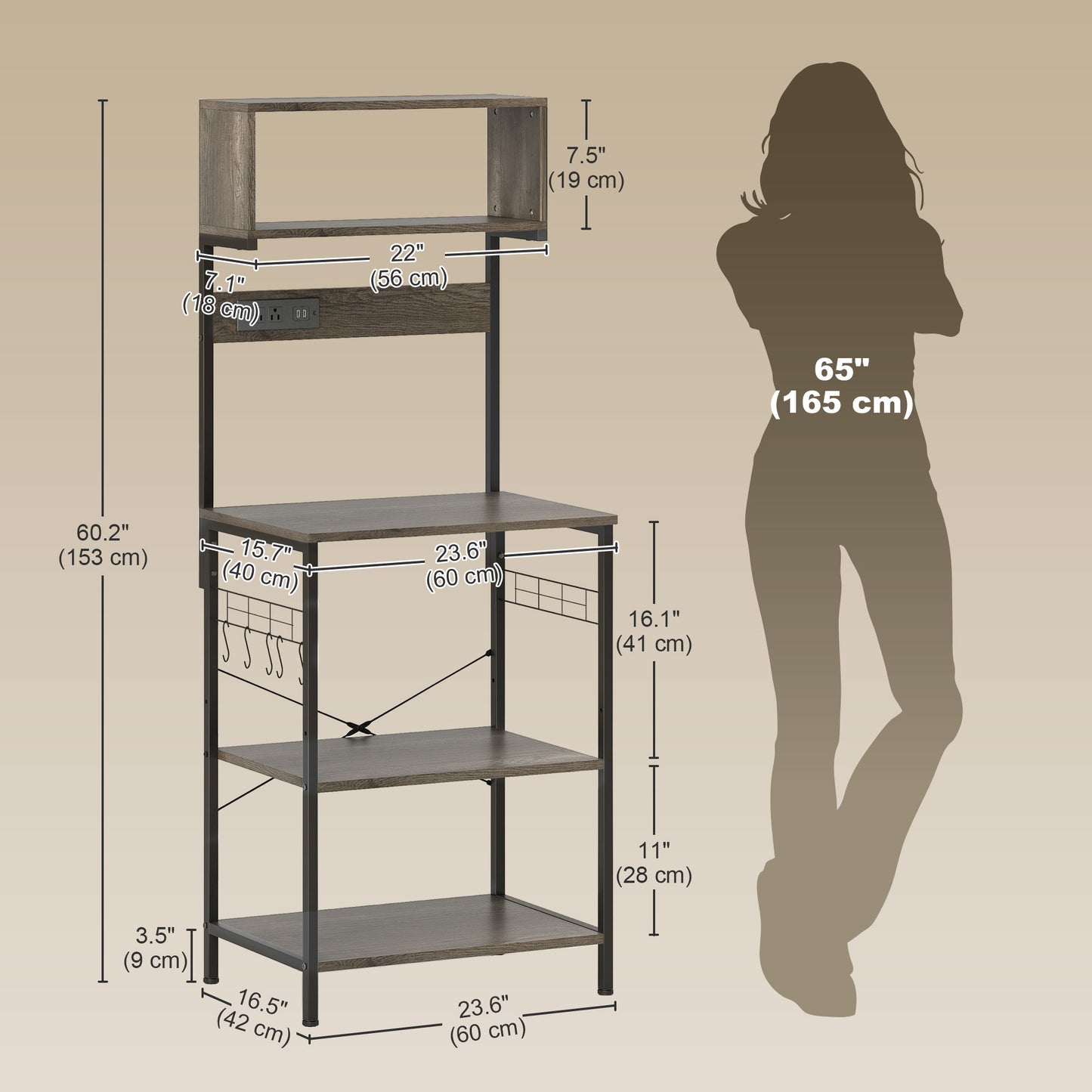 Baker's Rack with Charing Station, Microwave Shelf with Power Outlet, USB Charger and 5 Hooks, Distressed Grey