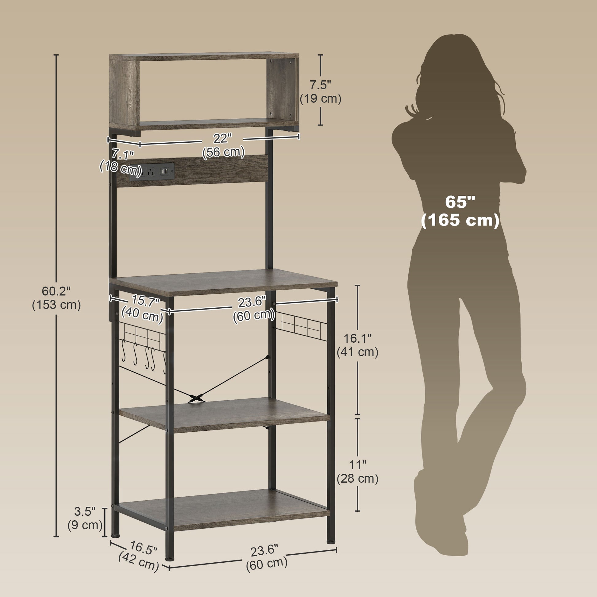 Baker's Rack with Charing Station, Microwave Shelf with Power Outlet, USB Charger and 5 Hooks, Distressed Grey